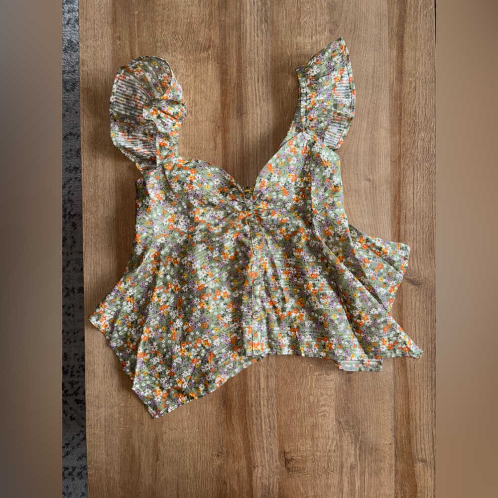 Floral Ruffle Strap Assymetrical Hem with button details 100% cotton